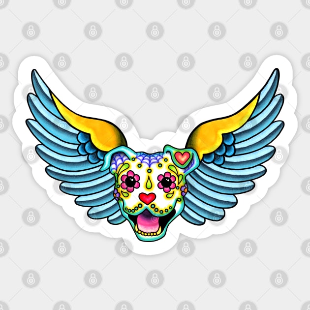 All Pit Bulls go to Heaven - Day of the Dead Winged Pitbull - Sugar Skull Angel Sticker by prettyinink